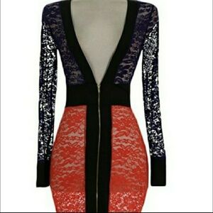 Long Sleeve Mesh Purple/Orange Color Block Dress